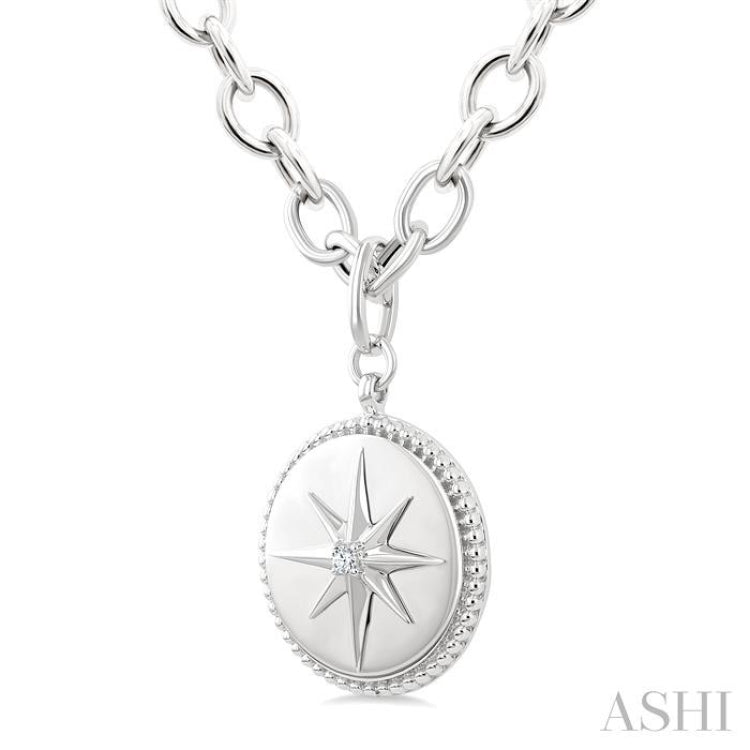 1/20 Ctw Compass medallion Round Cut Diamond Pendant With Chain in Sterling Silver
