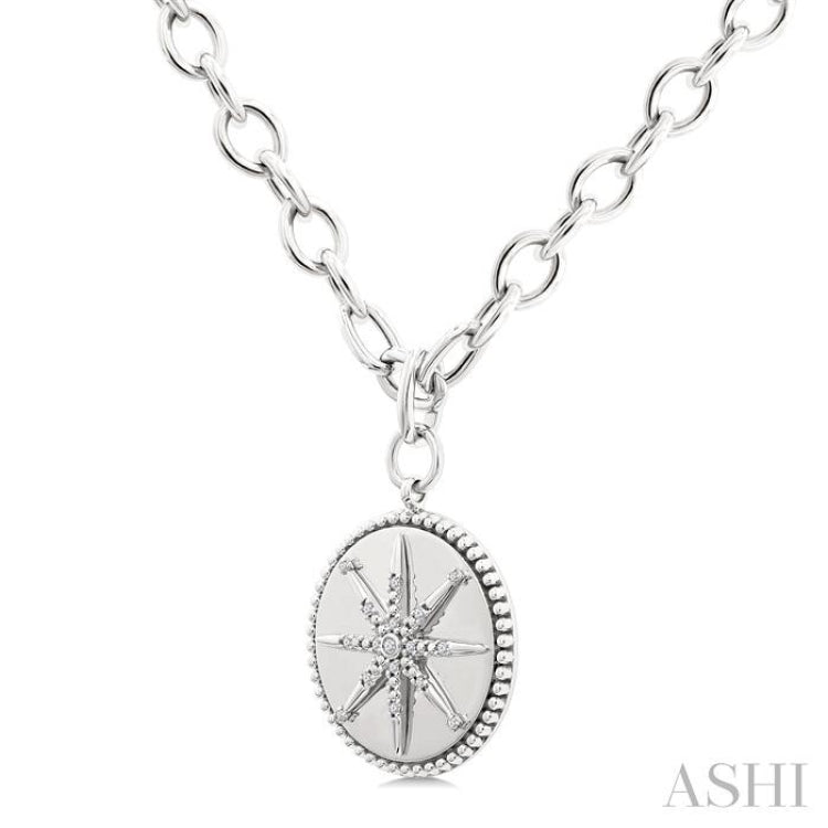 1/20 Ctw Compass medallion Round Cut Diamond Pendant With Chain in Sterling Silver