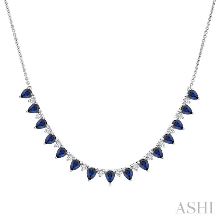 4x3 MM Pear Shape Sapphire and 1/2 Ctw Round Cut Diamond Precious Tennis Necklace in 14K White Gold