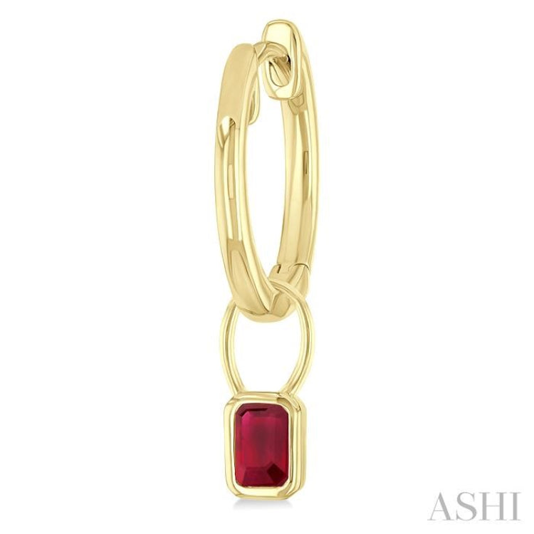 5x3 MM Bezel Set Emerald Cut Ruby Precious Fashion Huggie Earrings in 14K Yellow Gold