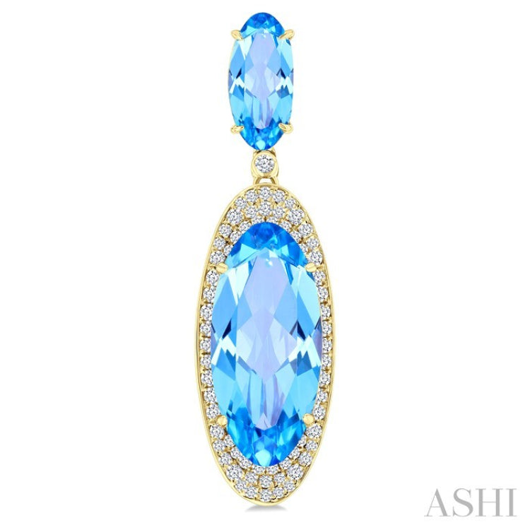 18X8 MM Evoque Gemstones & 10x5 MM Oval Shape Blue Topaz and 3/4 Ctw Round Cut Diamond Halo Semi-Precious Earrings in 14K Yellow Gold