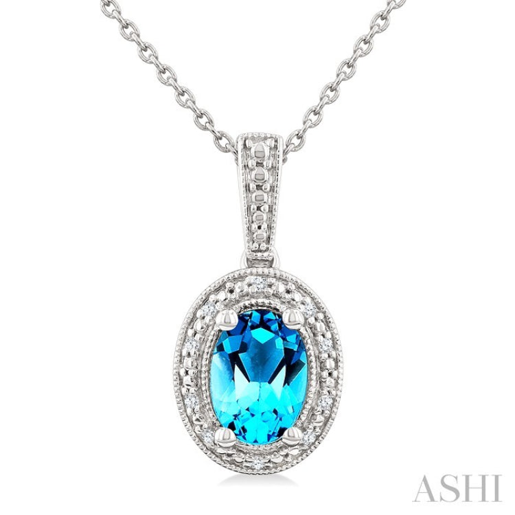 7X5 MM Oval Shape Blue Topaz and 1/50 Ctw Round Cut Diamond Semi-precious Pendant With Chain in Sterling Silver