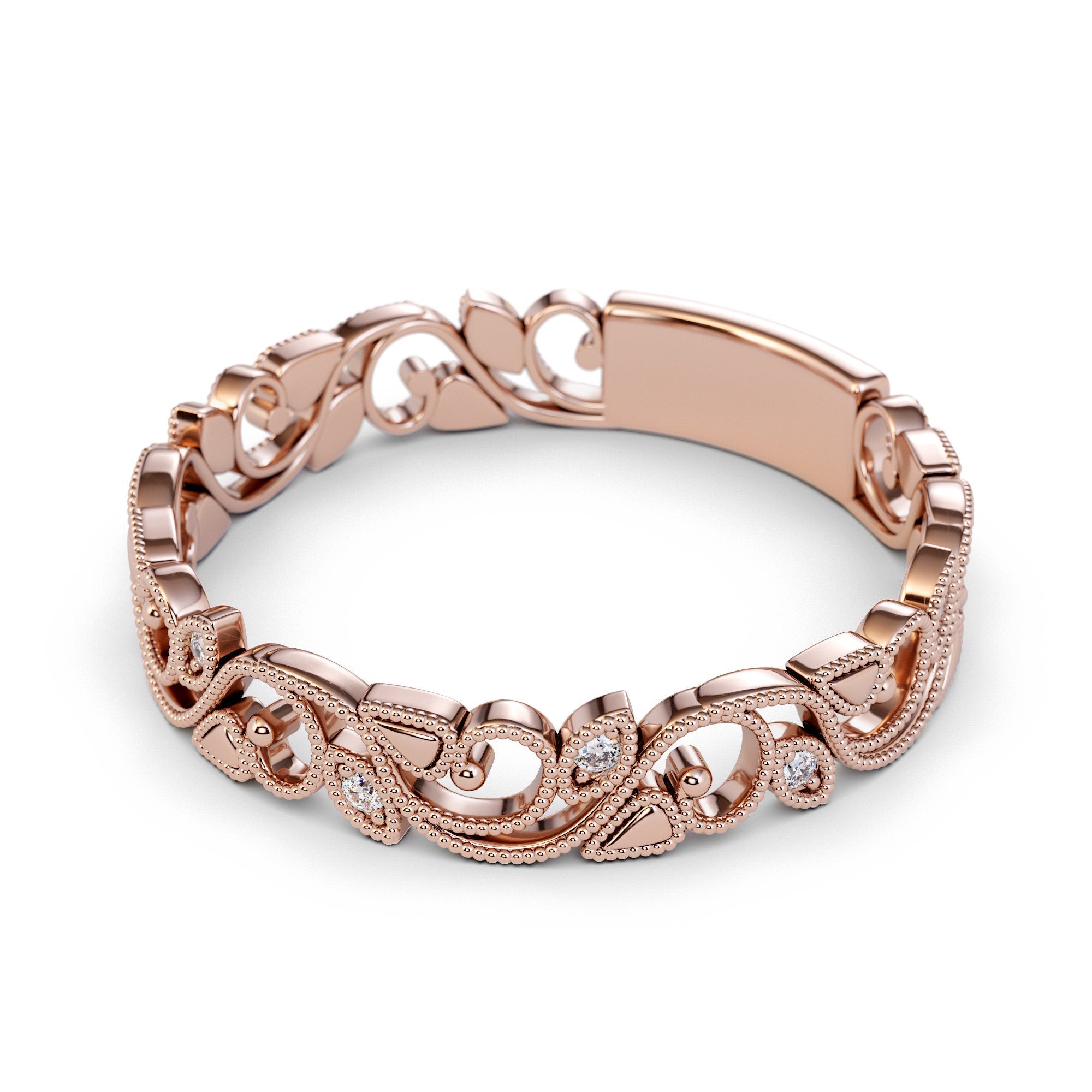Art Deco 14k White Gold Diamond Vine and Flower Ring / Unique Wedding Band / Leaf Vine Ring / Solid Gold Vintage Ring / Stackable Ring