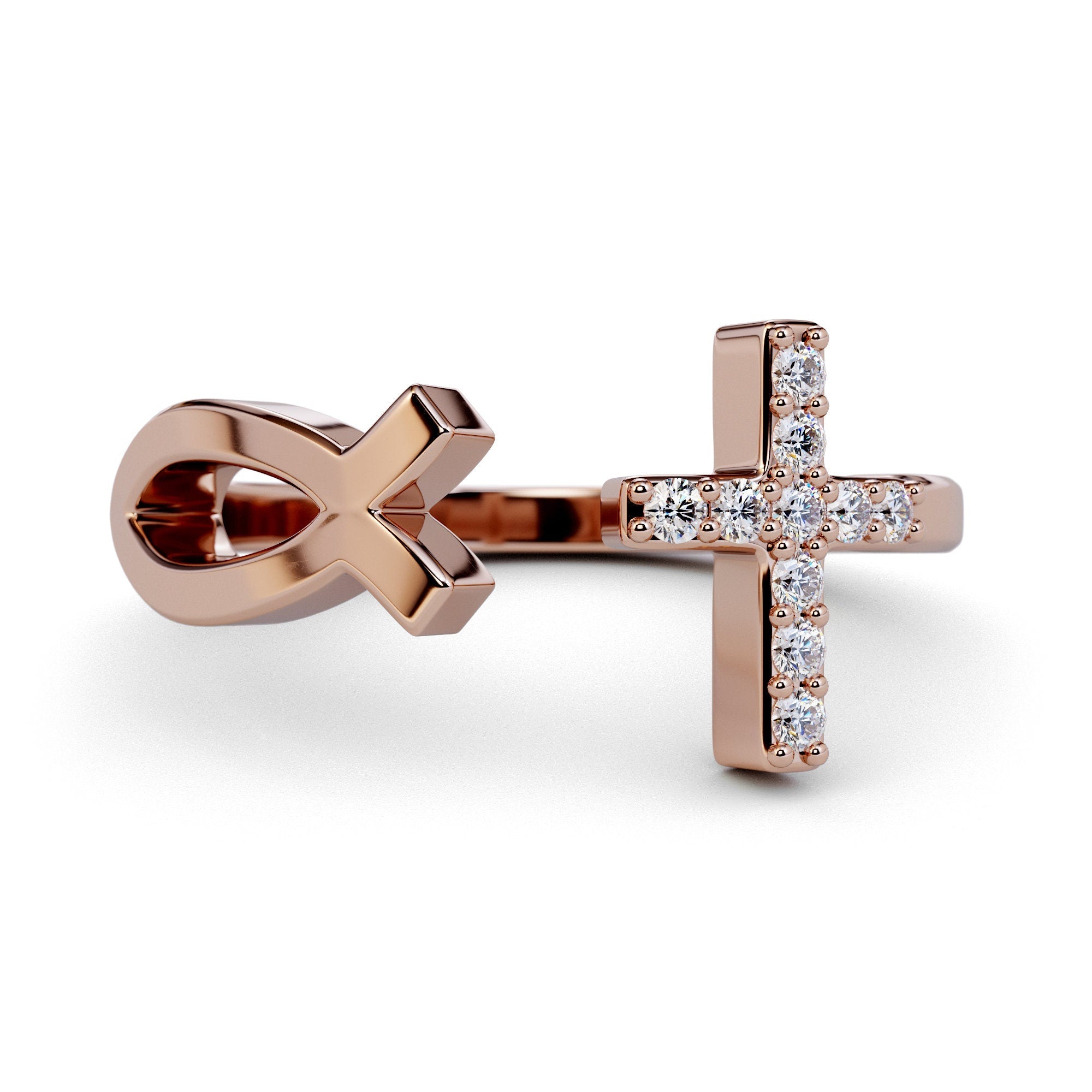 Pure Gold Jesus Fish and Diamond Cross Ring / Solid Gold Christian Ring / Catholic Ring / Solid Gold Religious Bypass Ring / Jesus Christ