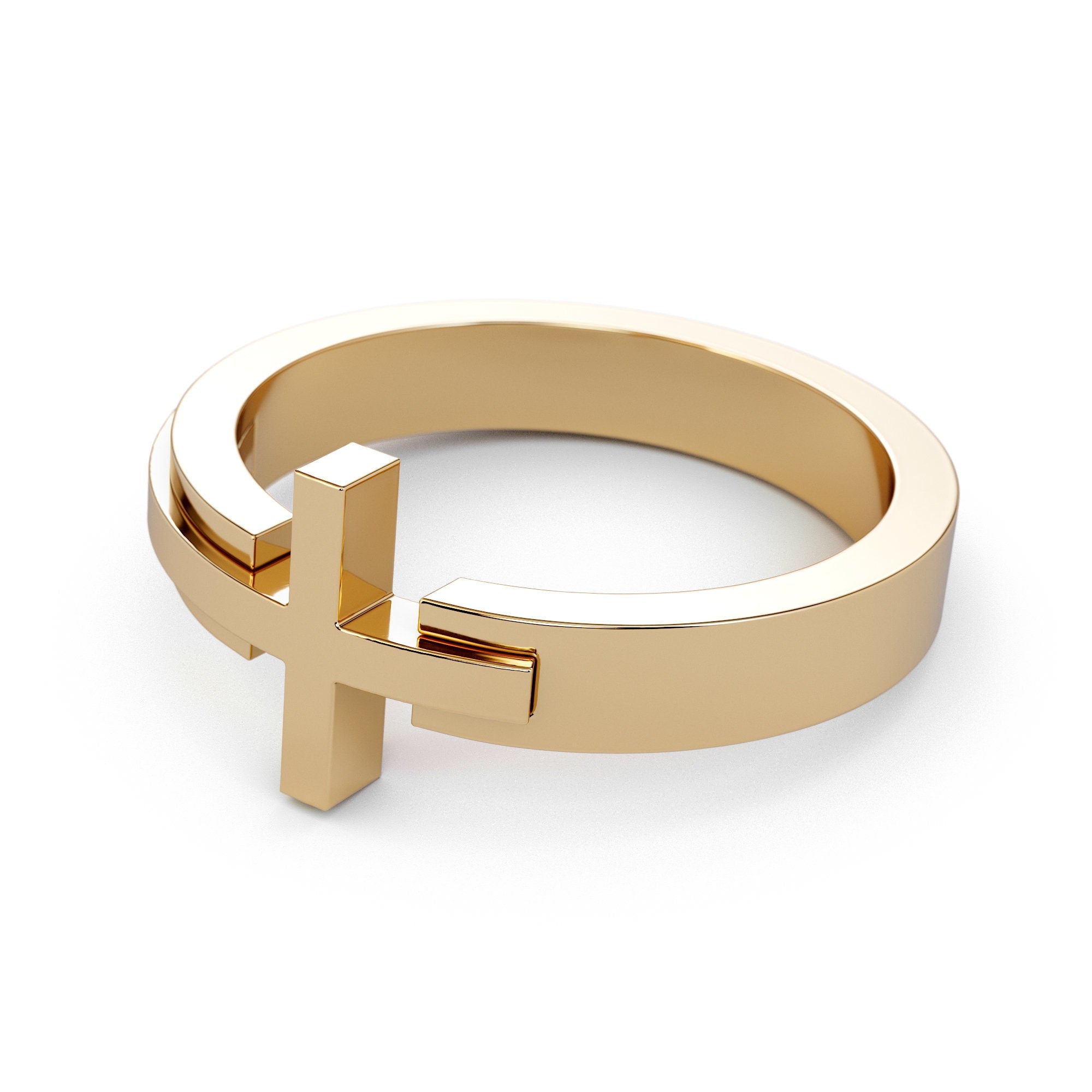 Sideways Cross Bilevel Ring / Solid Gold Wrap Around Ring / Gold Religious Catholic Ring / Platinum Cross Ring / Christian Jewelry / Jesus