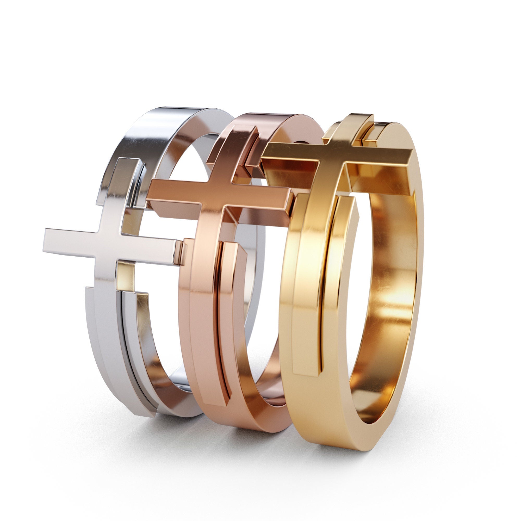 Sideways Cross Bilevel Ring / Solid Gold Wrap Around Ring / Gold Religious Catholic Ring / Platinum Cross Ring / Christian Jewelry / Jesus