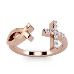 Pure Gold Jesus Fish and Diamond Cross Ring / Solid Gold Christian Ring / Catholic Ring / Solid Gold Religious Bypass Ring / Jesus Christ