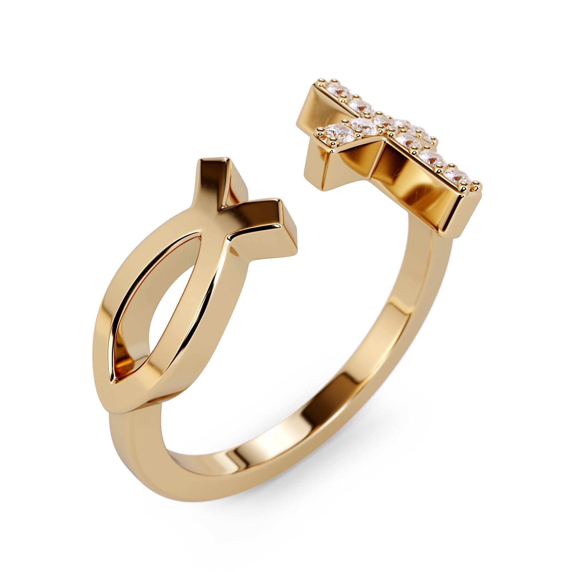 Pure Gold Jesus Fish and Diamond Cross Ring / Solid Gold Christian Ring / Catholic Ring / Solid Gold Religious Bypass Ring / Jesus Christ