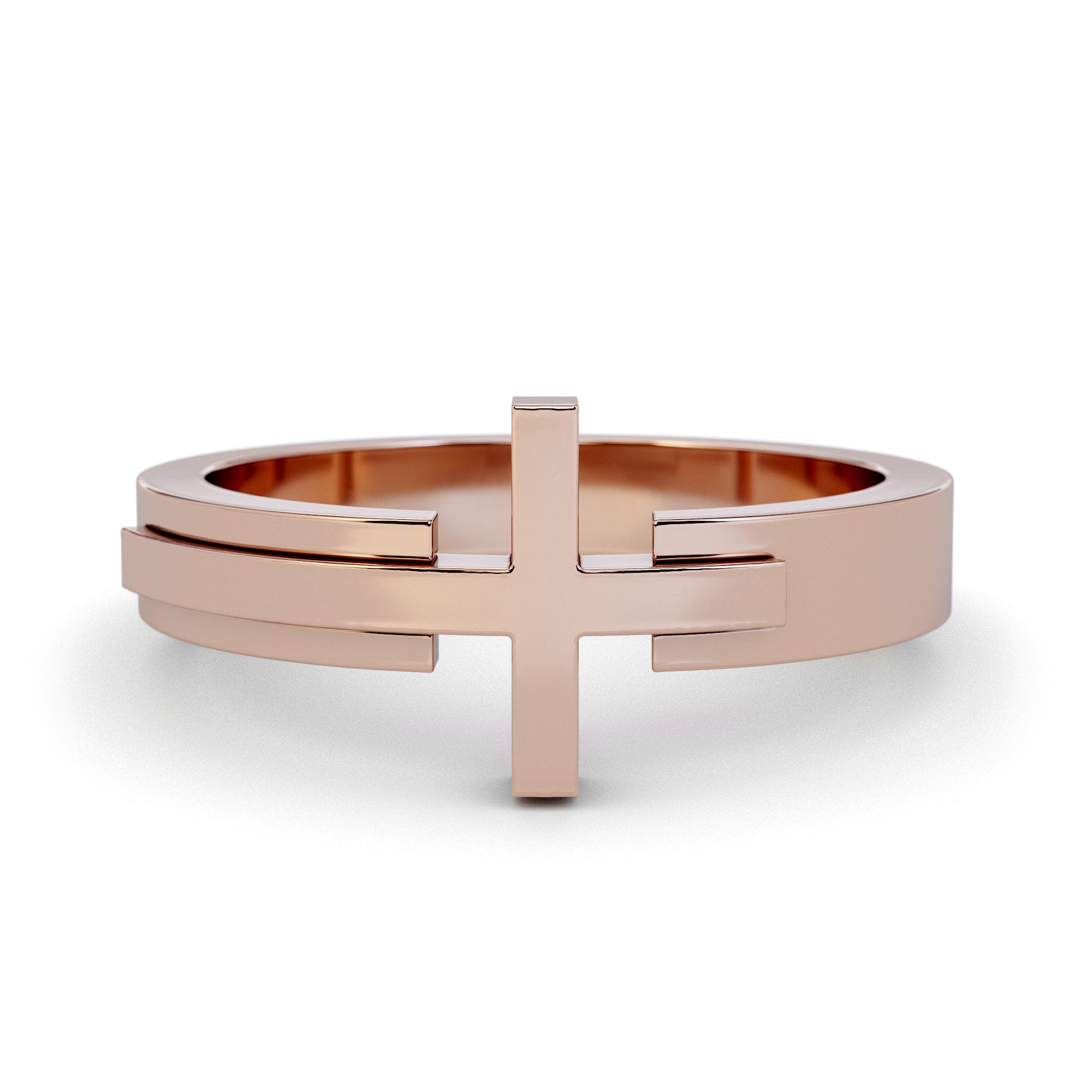 Sideways Cross Bilevel Ring / Solid Gold Wrap Around Ring / Gold Religious Catholic Ring / Platinum Cross Ring / Christian Jewelry / Jesus